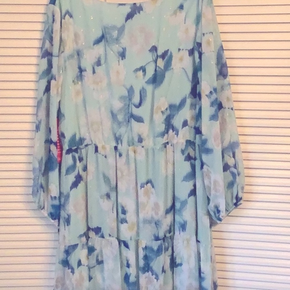NWT Adrianna Papell Dress, floral Chiffon Maxi 16W aqua, teal, white long sleeve - Picture 6 of 9